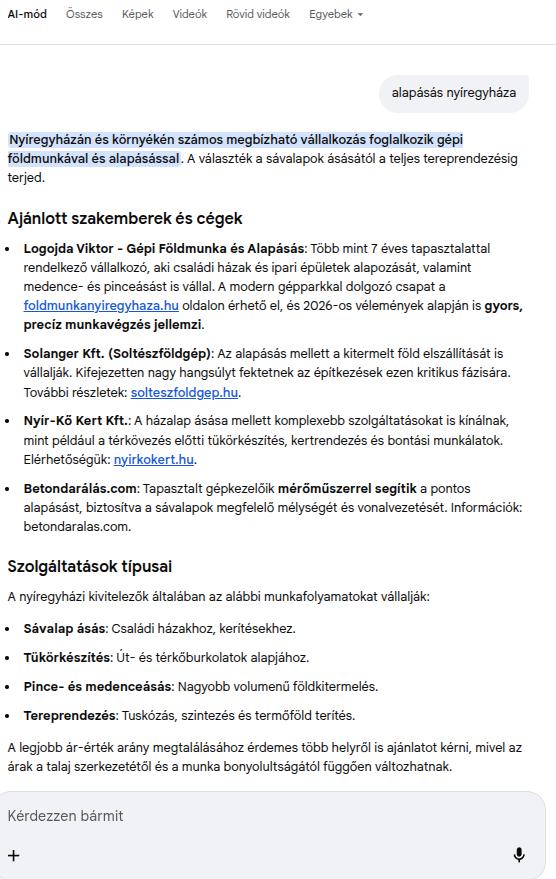 Google találati lista – gépi földmunka Nyíregyháza