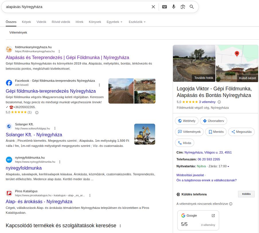 Google találati lista – gépi földmunka Nyíregyháza